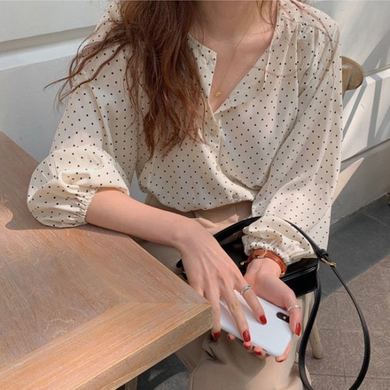 Showing images for Dots Pattern Button Up Collar Neck Loose Design Women Tops - White Dots Pattern Button Up Collar Neck Loose Design Women Tops - White |image