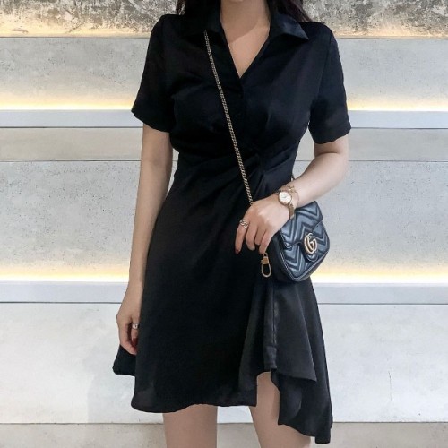 Trendy Polo Collar Short Sleeve Mid Length Women Midi Dress - Black |image