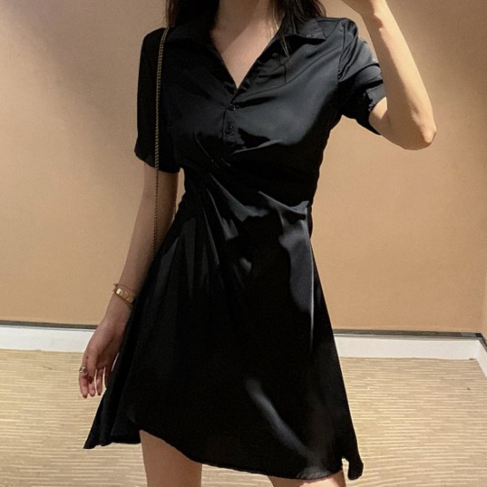 Trendy Polo Collar Short Sleeve Mid Length Women Midi Dress - Black |image