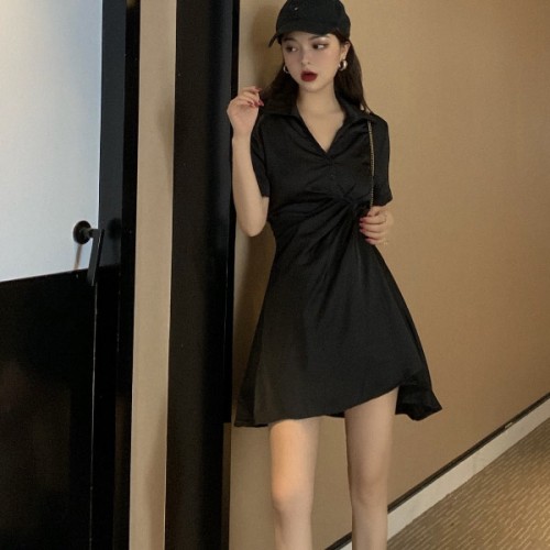 Trendy Polo Collar Short Sleeve Mid Length Women Midi Dress - Black |image