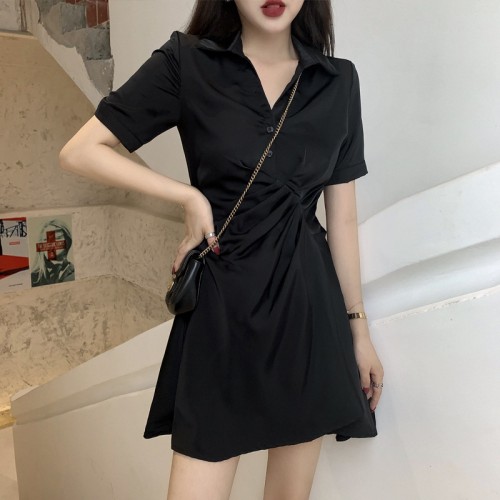 Trendy Polo Collar Short Sleeve Mid Length Women Midi Dress - Black |image