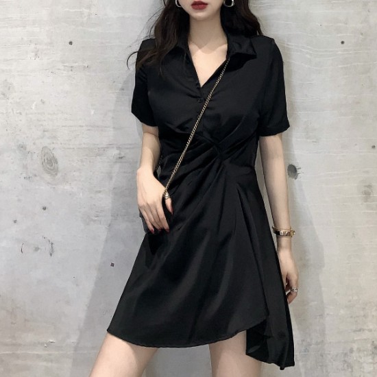 Trendy Polo Collar Short Sleeve Mid Length Women Midi Dress - Black |image