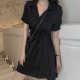 Trendy Polo Collar Short Sleeve Mid Length Women Midi Dress - Black |image