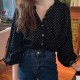 Dots Pattern Button Up Collar Neck Loose Design Women Tops - Black