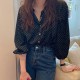 Dots Pattern Button Up Collar Neck Loose Design Women Tops - Black |image