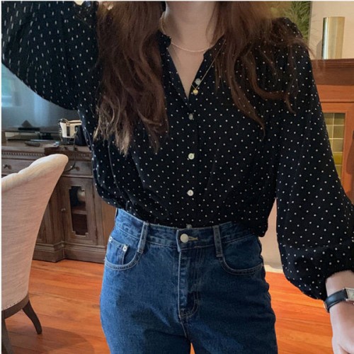 Dots Pattern Button Up Collar Neck Loose Design Women Tops - Black |image