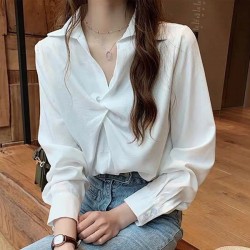 Korean Style V Neck Long Sleeve Cotton Blouses Plain Shirts - Black