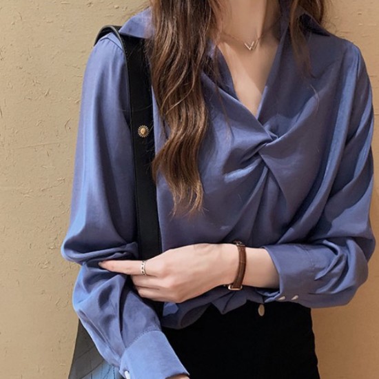 Korean Style V Neck Long Sleeve Cotton Blouses Plain Shirts - Blue |image