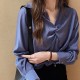 Korean Style V Neck Long Sleeve Cotton Blouses Plain Shirts - Blue |image