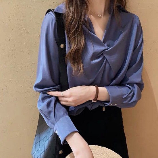 Korean Style V Neck Long Sleeve Cotton Blouses Plain Shirts - Blue |image