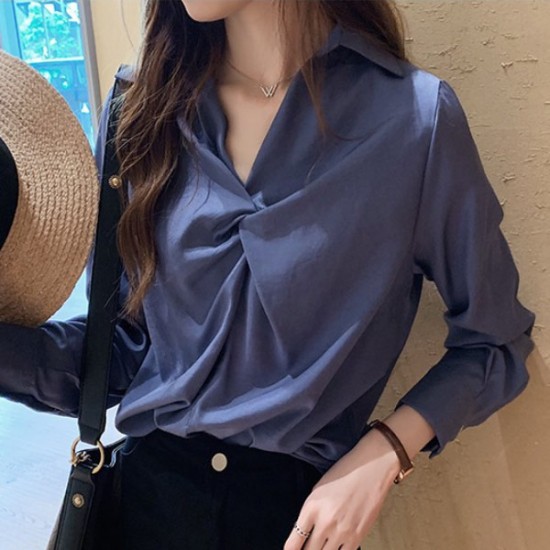 Korean Style V Neck Long Sleeve Cotton Blouses Plain Shirts - Blue |image