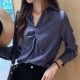 Korean Style V Neck Long Sleeve Cotton Blouses Plain Shirts - Blue |image