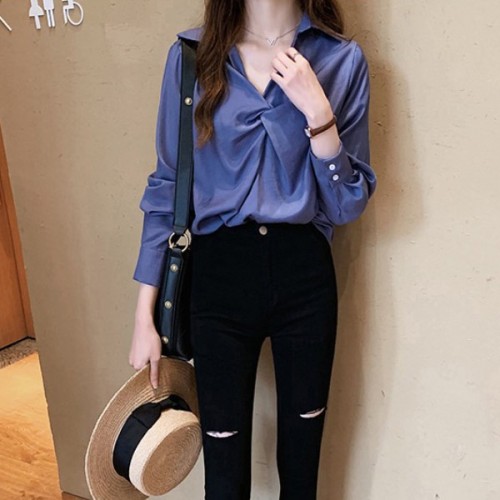 Korean Style V Neck Long Sleeve Cotton Blouses Plain Shirts - Blue |image