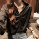 Korean Style V Neck Long Sleeve Cotton Blouses Plain Shirts - Black |image