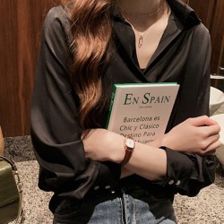 Korean Style V Neck Long Sleeve Cotton Blouses Plain Shirts - Black
