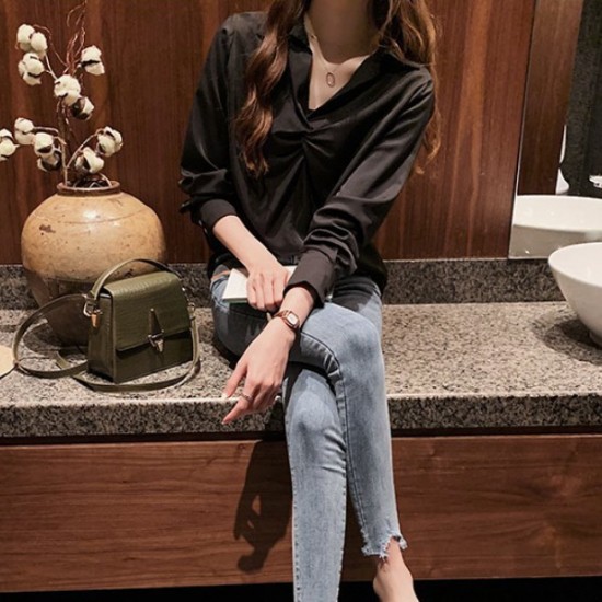Korean Style V Neck Long Sleeve Cotton Blouses Plain Shirts - Black |image