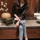 Korean Style V Neck Long Sleeve Cotton Blouses Plain Shirts - Black |image