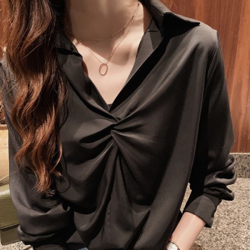 Korean Style V Neck Long Sleeve Cotton Blouses Plain Shirts - Black |image
