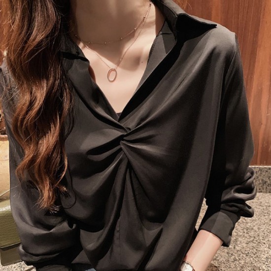 Korean Style V Neck Long Sleeve Cotton Blouses Plain Shirts - Black |image