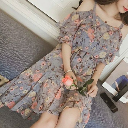 Elegant Chiffon Floral Suspenders Skirt Women Ruffle Midi Dress - Grey |image