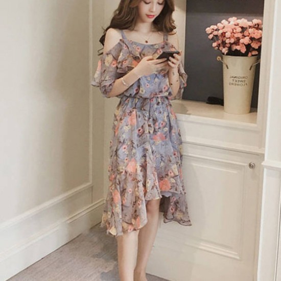 Elegant Chiffon Floral Suspenders Skirt Women Ruffle Midi Dress - Grey |image