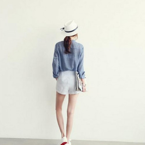 Retro Fashion Polo-neck Button With Pocket Splicing Long Sleeve Shirts - Blue |image