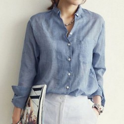 Retro Fashion Polo-neck Button With Pocket Splicing Long Sleeve Shirts - Blue