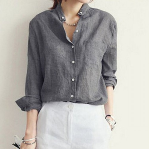 Retro Fashion Polo-neck Button With Pocket Splicing Long Sleeve Shirts - Grey |image