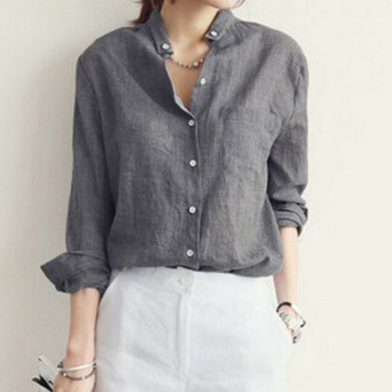 Retro Fashion Polo-neck Button With Pocket Splicing Long Sleeve Shirts - Grey |image
