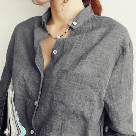 Retro Fashion Polo-neck Button With Pocket Splicing Long Sleeve Shirts - Grey |image
