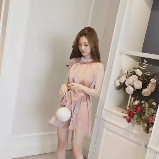 Elegant Chiffon Glitter Star Sleeveless Halter Waist Stripe Mini Dress - Pink |image