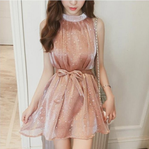 Elegant Chiffon Glitter Star Sleeveless Halter Waist Stripe Mini Dress - Pink |image
