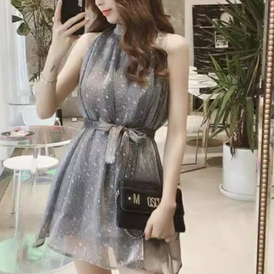 Elegant Chiffon Glitter Star Sleeveless Halter Waist Stripe Mini Dress - Grey |image