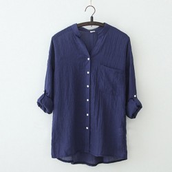 Comfortable Loose Cotton Mock Neck Button Closure Long Sleeve Shirts - Blue