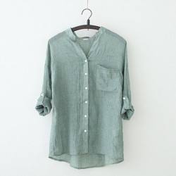 Comfortable Loose Cotton Mock Neck Button Closure Long Sleeve Shirts - Green