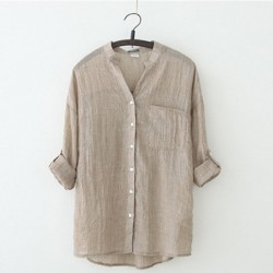Comfortable Loose Cotton Mock Neck Button Closure Long Sleeve Shirts - Brown