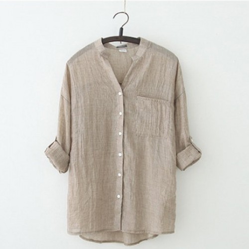 Comfortable Loose Cotton Mock Neck Button Closure Long Sleeve Shirts - Brown |image