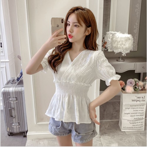 Elastic Waist Puff Short Sleeve Blouse Cross V-neck Pleated Women Tops - White |image