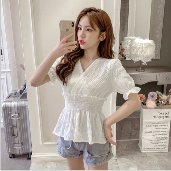 Showing images for Elastic Waist Puff Short Sleeve Blouse Cross V-neck Pleated Women Tops - White Elastic Waist Puff Short Sleeve Blouse Cross V-neck Pleated Women Tops - White |image