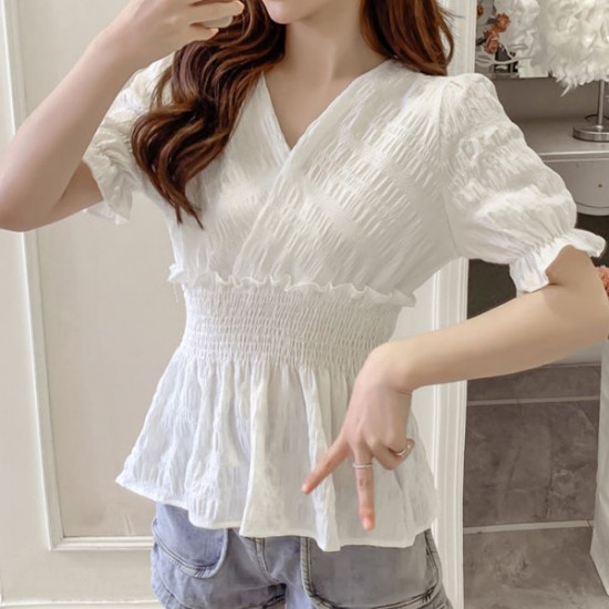 Showing images for Elastic Waist Puff Short Sleeve Blouse Cross V-neck Pleated Women Tops - White Elastic Waist Puff Short Sleeve Blouse Cross V-neck Pleated Women Tops - White |image