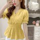 Elastic Waist Puff Short Sleeve Blouse Cross V-neck Pleated Women Tops - Yellow |image