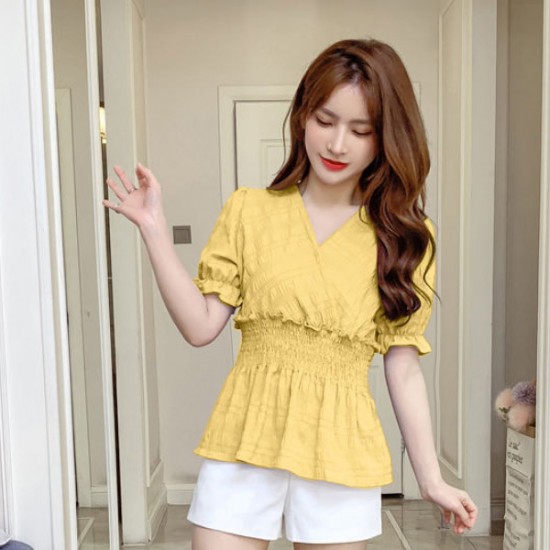 Showing images for Elastic Waist Puff Short Sleeve Blouse Cross V-neck Pleated Women Tops - Yellow Elastic Waist Puff Short Sleeve Blouse Cross V-neck Pleated Women Tops - Yellow |image