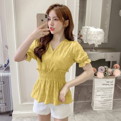 Elastic Waist Puff Short Sleeve Blouse Cross V-neck Pleated Women Tops - Yellow