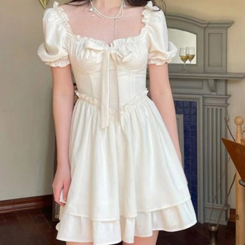 Elegant Bow A-line Fairy Lolita Square Neck Women Midi Dress - White |image