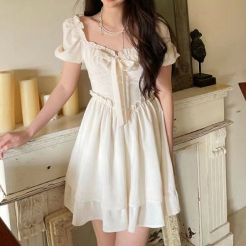 Elegant Bow A-line Fairy Lolita Square Neck Women Midi Dress - White |image