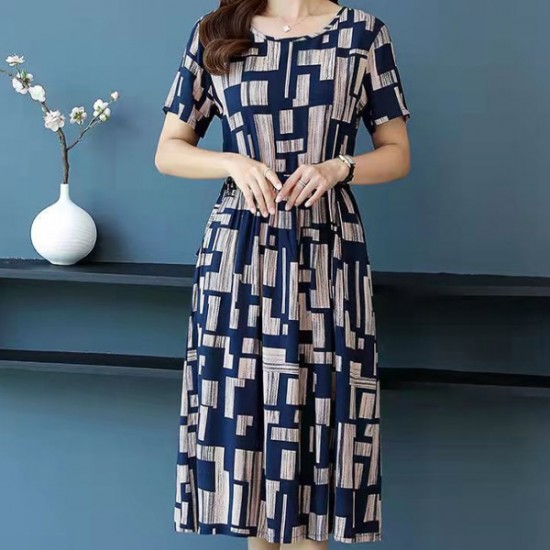 Elegant Stylish Short Sleeves Mid-length Round Neck Midi Skirt Dress - Blue |image