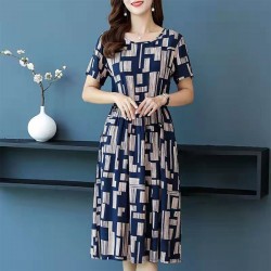 Elegant Stylish Short Sleeves Mid-length Round Neck Midi Skirt Dress - Blue
