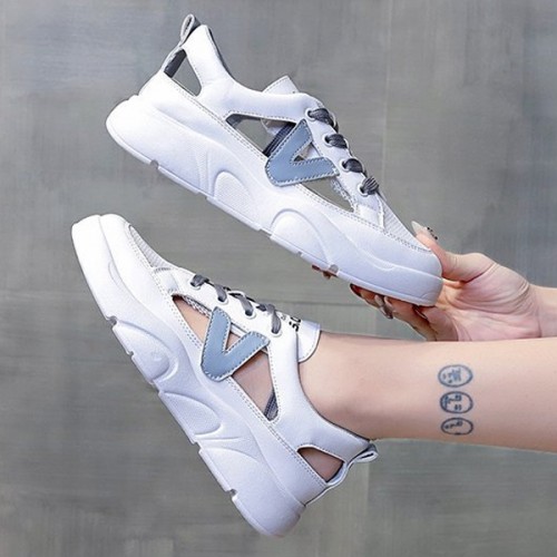 Comfortable Hollow Out Lace Up Soft Sole Flat Women Sneakers - Blue |image