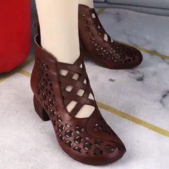 Breathable Thick Heel Non-slip Hollows Cross Straps Casual Shoes - Brown |image