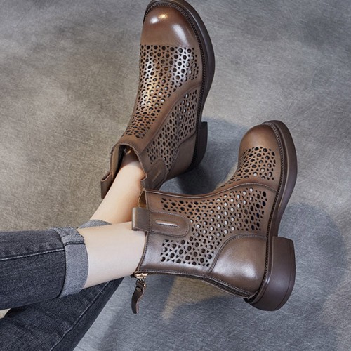 Retro Martin Back Zipper Non Slip Women Chunky Heel Boots - Brown |image